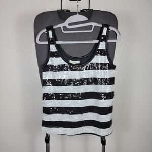 Deane Sequin Stripe Tank Top Black White Sleeveless Scoop Whimsigoth Women's XS
